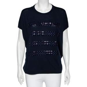 Louis Vuitton Navy Blue Wool Sequin Embellished Oversized Top S