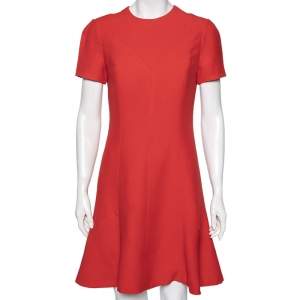 Louis Vuitton Red Wool Flared Hem Detailed Short Sleeve Dress M