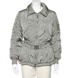 Louis Vuitton Light Grey Quilted Synthetic Belted Zip Front Jacket M