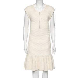 Louis Vuitton Cream Cotton Knit Front Zip Flared Hem Dress XL