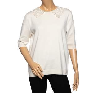 Louis Vuitton Cream Embroidered Collar Trim Short Sleeve Sweater M