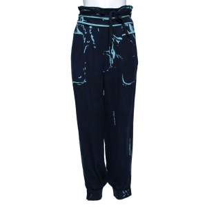 Pre Owned Louis Vuitton Navy Blue Printed Silk Jogger Pants M