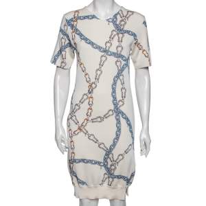 Louis Vuitton White Chain Printed Wool Short Sleeve Dress S