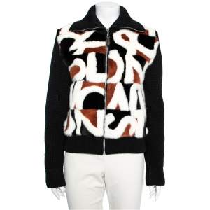 Louis Vuitton Black & Intarsia Fur Knitted Zip Front Cardigan S
