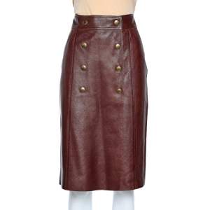 Louis Vuitton Burgundy Leather Button Front Faux Wrap Skirt L