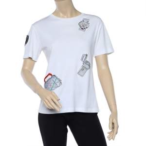 Louis Vuitton White Cotton Knit Patch Detail Round Neck T-Shirt S