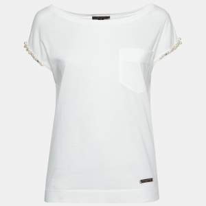 Louis Vuitton White Cotton Pearl Embellished Short Sleeve Top XS