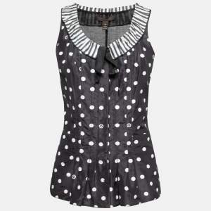 مملوكة مسبقًا Louis Vuitton Black Polka Dot Printed Silk Contrast Collar Detail Top S