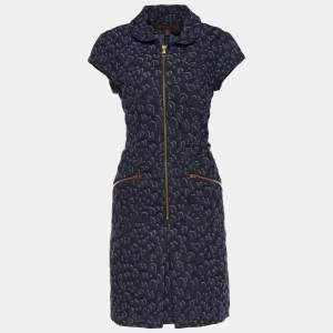 Louis Vuitton Navy Blue Leopard Pattern Denim Zip Front Dress L