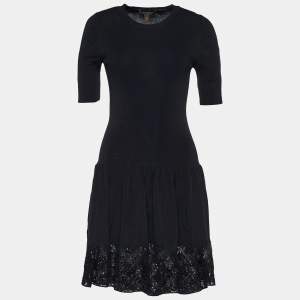 Louis Vuitton Black Knit & Sequined Monogram Lace Midi Dress M