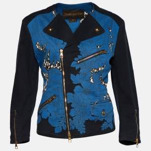 Louis Vuitton Blue Floral & Leopard Print Denim Zip Up Jacket L