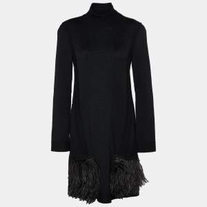 Louis Vuitton Black Wool Knit Feather Trim Turtleneck Dress XL