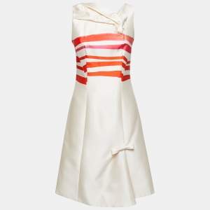 Louis Vuitton Cream Striped Silk Bow Detail Sleeveless Dress S