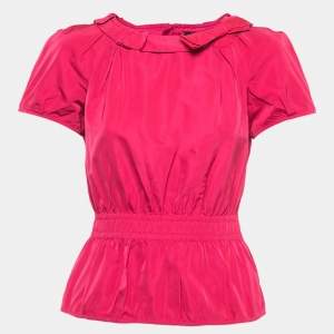 Louis Vuitton Pink Coated Silk Bow Detailed Elasticized Waist Top M