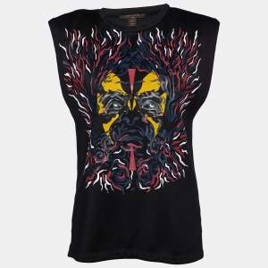 Louis Vuitton Black Tribal Printed Silk Knit Shoulder Pad Detail T-Shirt M