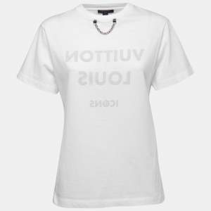Louis Vuitton Wite Logo Printed Cotton Knit Chain Neck Detail T-Shirt S