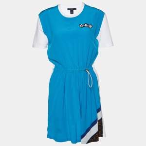 Louis Vuitton Blue Silk & White Cotton Knit Waist Drawcord Mini Dress M