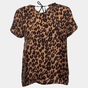 Louis Vuitton Brown Leopard Print Silk Short Sleeve Blouse M