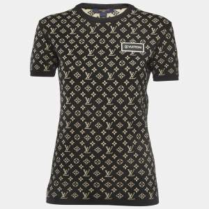Louis Vuitton Black Monogram Jacquard Knit Crew Neck Half Sleeve T-Shirt S