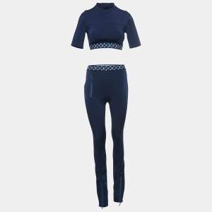 Louis Vuitton Navy Blue Monogram Stretch Knit Flight Mode Crop Top and Jeggings Set S