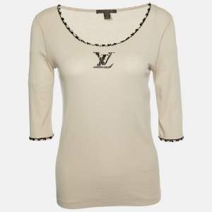 Louis Vuitton Beige Logo Embellished Cotton Knit T-Shirt XL