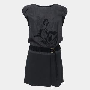 Louis Vuitton Black Embroidered Crepe Belted Mini Dress S
