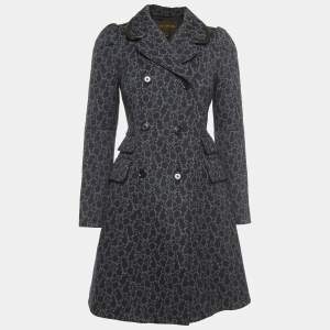 Louis Vuitton Navy Blue Printed Leather Trimmed Knit Double Breasted Coat S