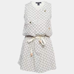 Louis Vuitton Off-White Damier Azur Print Silk Sleeveless Mini Dresses S