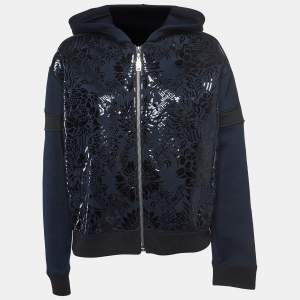 Louis Vuitton Navy Blue Floral Pattern Leather Trim Knit Zipper Jacket L