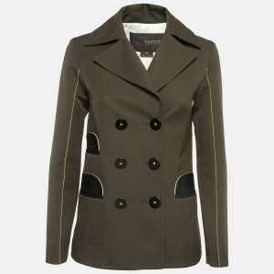 Louis Vuitton Green Leather Trim Double Breasted Jacket S