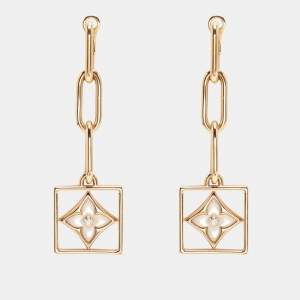 Pre Owned Louis Vuitton B Blossom Yellow Gold, White Mother-of-Pearl and Diamond Dangle Earrings