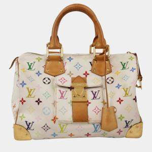 Pre Owned Louis Vuitton Size 30 White Monogram Multi Canvas Speedy Tote Bag