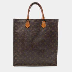 Pre Owned Louis Vuitton Sac Plat Hand Tote Bag Monogram Canvas Leather Brown