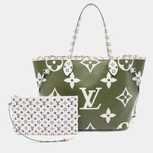 Louis Vuitton Khaki Beige Canvas Monogram Giant Neverfull MM Tote Bag