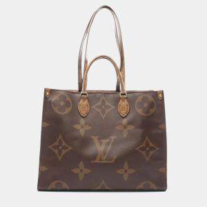 Pre Owned Louis Vuitton Brown Beige Monogram Giant Reverse OnTheGo GM Tote Bag