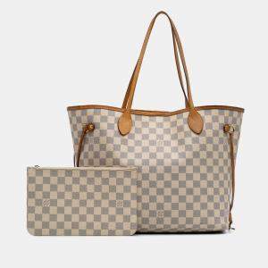 Pre Owned Louis Vuitton White Damier Azur Neverfull MM