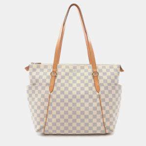 Pre Owned Louis Vuitton Totally MM White Damier Azur Canvas Leather Tote Bag
