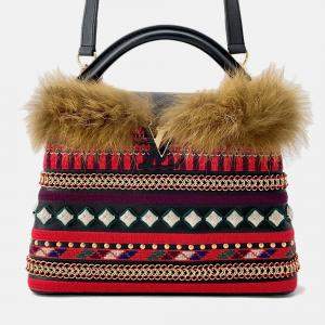 Pre Owned Louis Vuitton Capucines Multicolor Noir Red Leather Fur Top Handle Bag