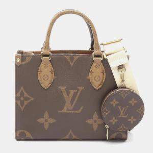 Pre Owned Louis Vuitton On The Go PM Brown Beige Monogram Reverse Coated Canvas Tote Bag