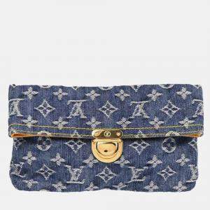 Pre Owned Louis Vuitton Pochette Plat Blue Monogram Denim Clutch Bag