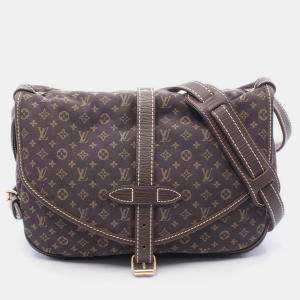 Pre Owned Louis Vuitton Saumur Shoulder Bag  Monogram Mini Lin Canvas Ebene