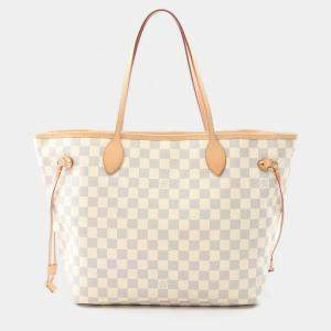 Pre Owned Louis Vuitton Neverfull MM White Damier Azur Canvas Shoulder Bag