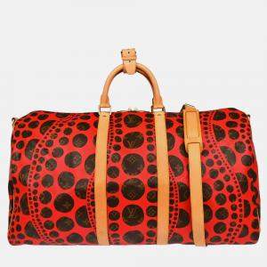 Pre Owned Louis Vuitton Keepall Bandoulière 55 Brown/Red Pumpkin Dots Canvas Duffle Bag