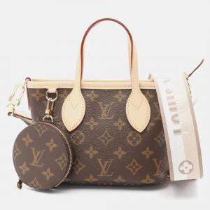 Pre Owned Louis Vuitton Neverfull BB Brown Beige Monogram Coated Canvas Leather Tote Bag