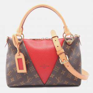 Pre Owned Louis Vuitton V Tote Bb Shoulder Handbag Monogram Canvas Leather Red
