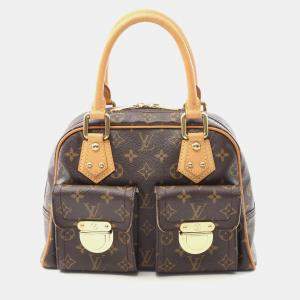 Pre Owned Louis Vuitton Manhattan Pm Handbag Monogram Canvas Leather Brown