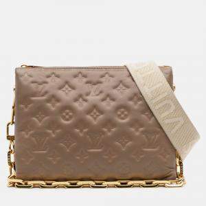 Pre Owned Louis Vuitton Brown Monogram Embossed Puffy Lambskin Coussin PM