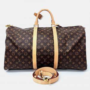 Pre Owned Louis Vuitton Brown Coated Canvas Monogram Bandouliere Keepall 55