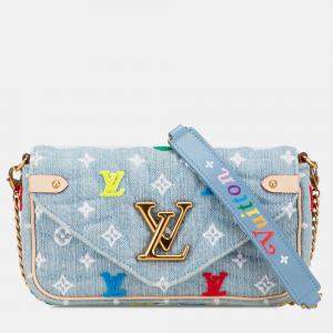 Pre Owned Louis Vuitton Blue Embroidered Monogram Denim New Wave Chain Pochette