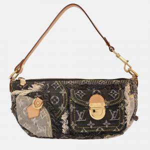 Pre Owned Louis Vuitton Pouchy Black Monogram Denim Patchwork Handbag